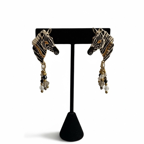Lunchattheritz Jewelry - Vintage Lunch at the Ritz Zebra Head Earrings Gold Enamel Beaded Dangle Animal